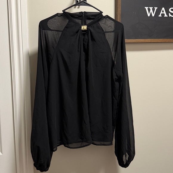 Commense Black Semi-Sheer Chiffon Blouse with Gold Neckline Large Ladies - Picture 7 of 9